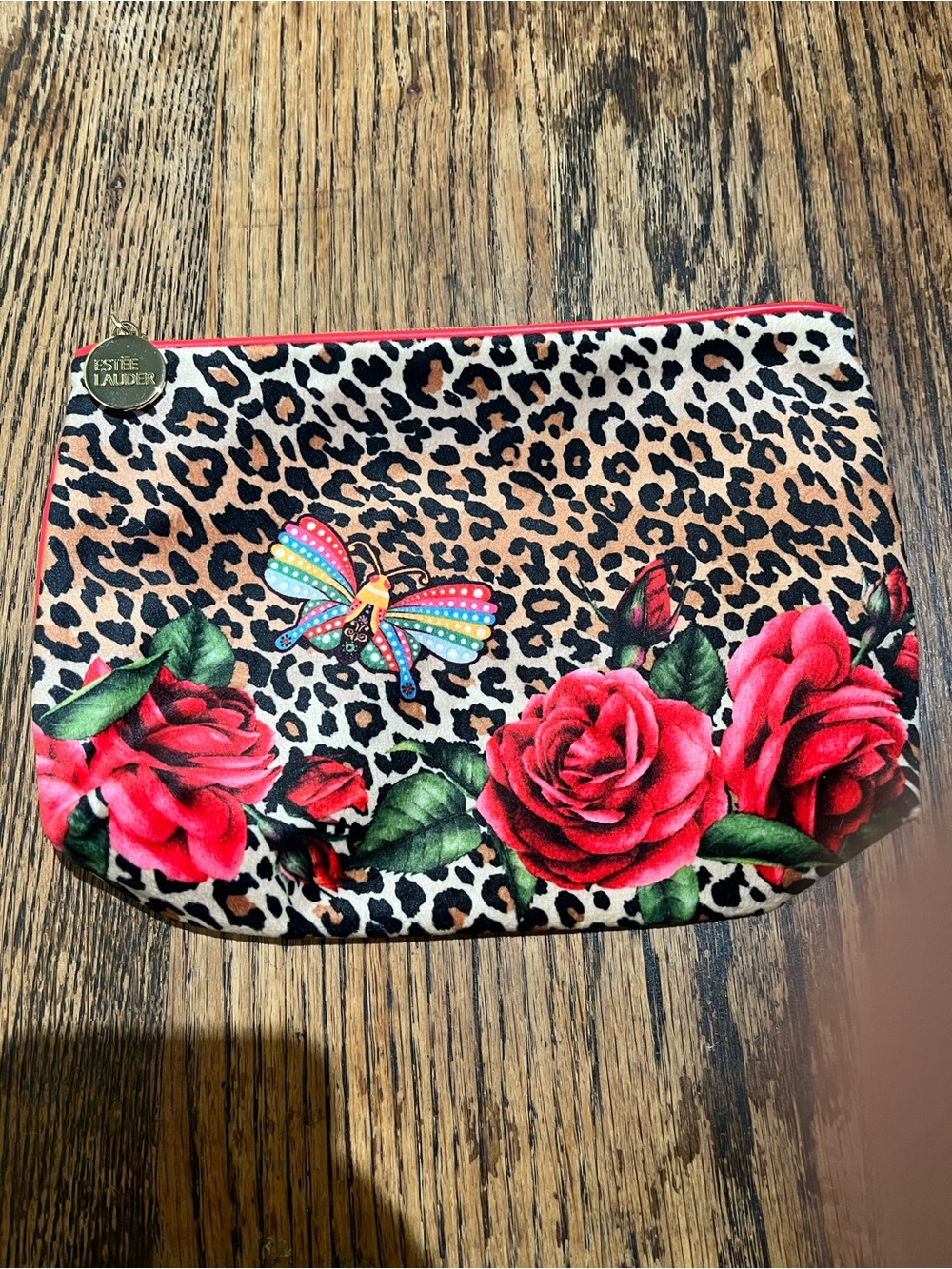 Estee Lauder Leopard Print Pouch with Red Roses and Multicolor Butterfly